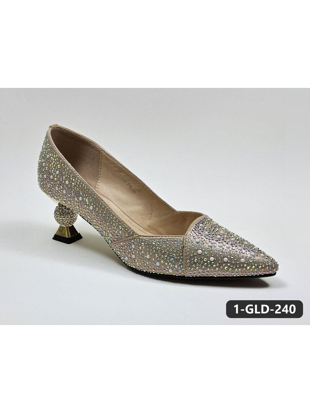 Women's Champagne Gold Rhinestone Kitten-Heel Pumps